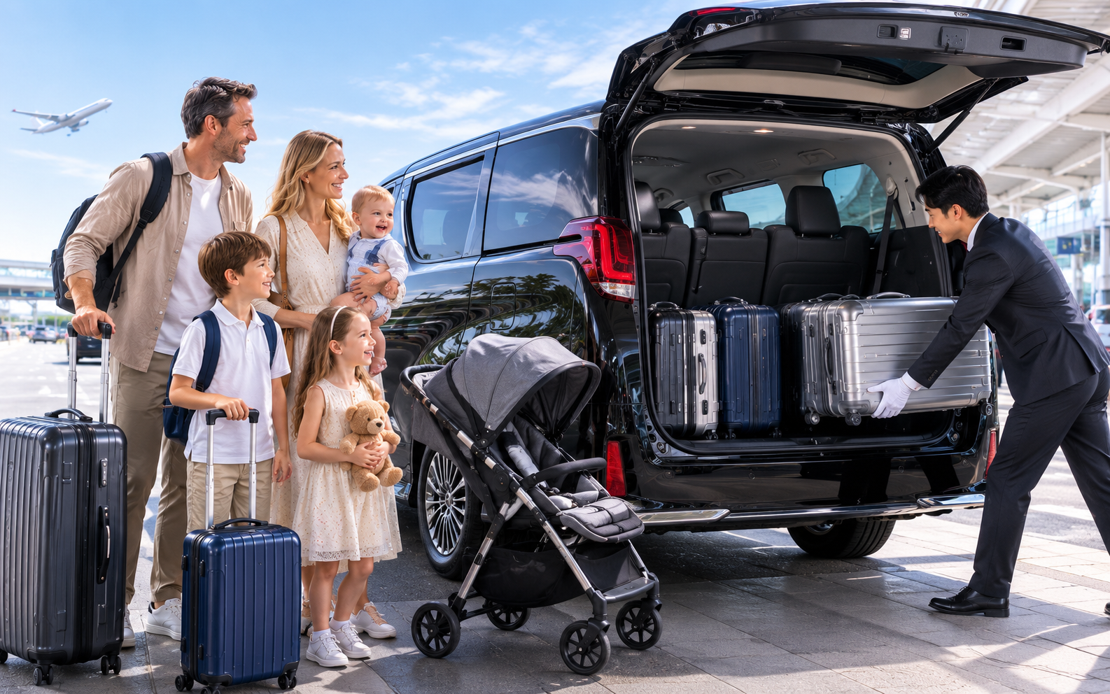 Family airport transfer with stroller and suitcases to a Tokyo Disney Resort hotel