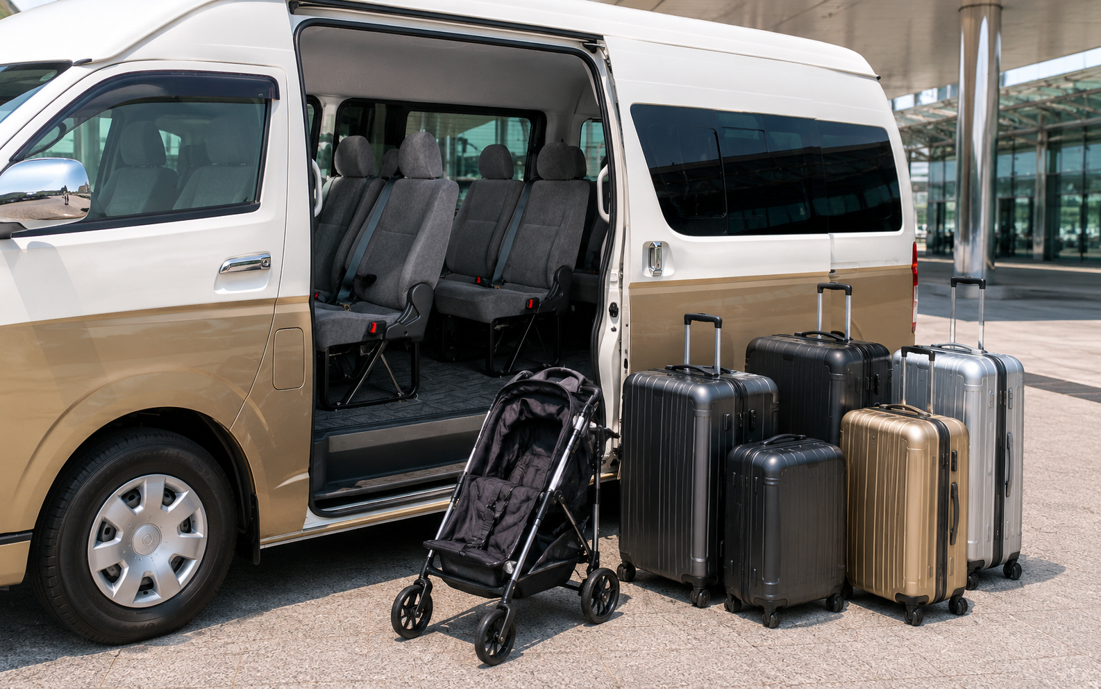 Child seat, stroller, and luggage for a Tokyo Disney Resort family transfer